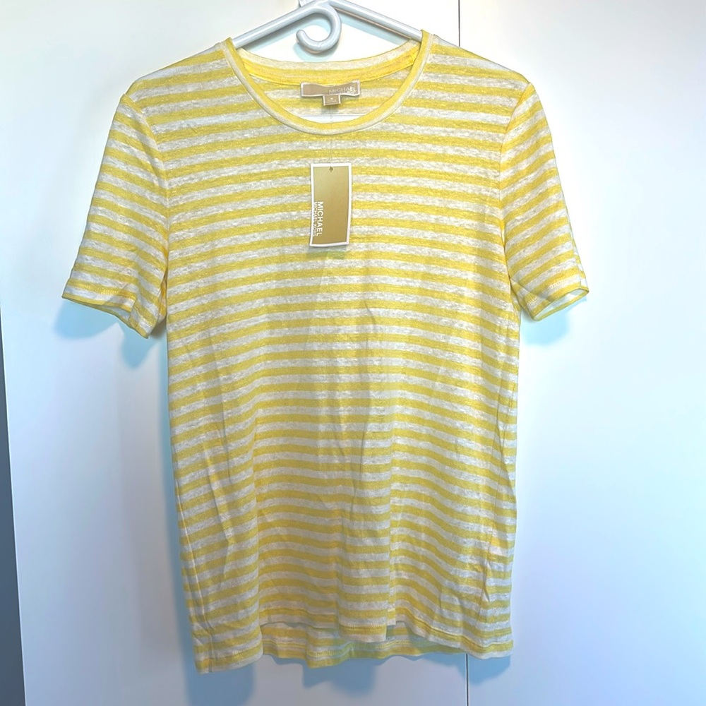 NWT Michael Kors 100% Linen shirt yellow stripes vacation